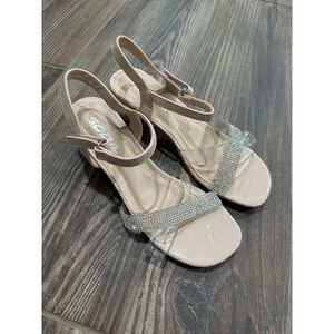 Soda Block Heel Sandals Girls Size 3 Nude Rhinestone Clear Strap Dressy EUC